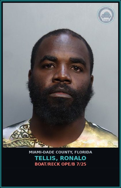 CCW arrest card for TELLIS, RONALO in Miami-Dade County: BOAT/RECK OPE/B 7/25