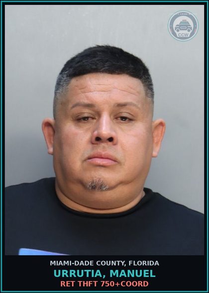 CCW arrest card for URRUTIA, MANUEL in Miami-Dade County: RET THFT 750+COORD