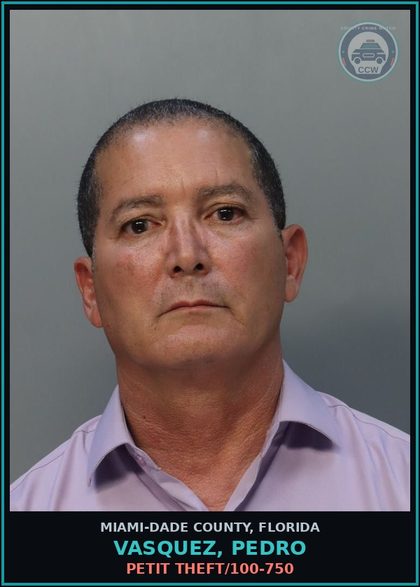 CCW arrest card for VASQUEZ, PEDRO in Miami-Dade County: PETIT THEFT/100-750