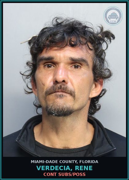CCW arrest card for VERDECIA, RENE in Miami-Dade County: CONT SUBS/POSS