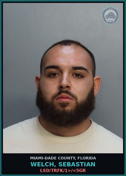 CCW arrest card for WELCH, SEBASTIAN in Miami-Dade County: LSD/TRFK/1>/<5GR