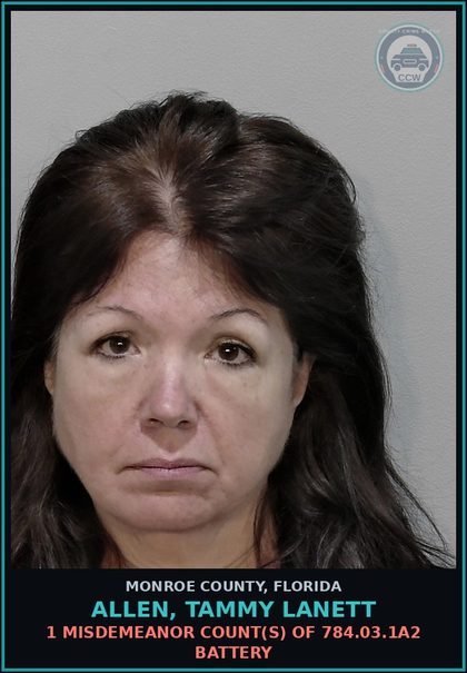 CCW arrest card for ALLEN, TAMMY LANETT in Monroe County: 1 Misdemeanor Count(s) of 784.03.1a2 BATTERY
