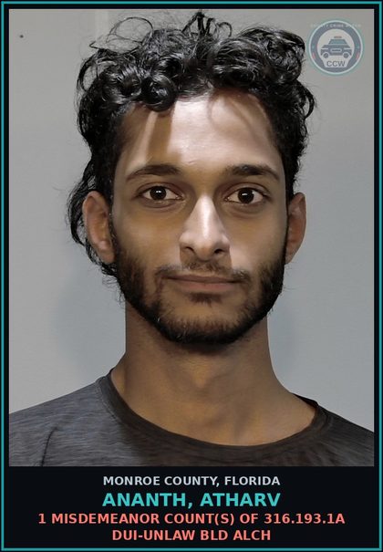 CCW arrest card for ANANTH, ATHARV in Monroe County: 1 Misdemeanor Count(s) of 316.192.3c1 MOVING TRAFFIC VIOL