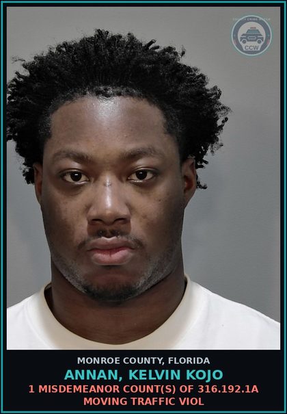 CCW arrest card for ANNAN, KELVIN KOJO in Monroe County: 1 Misdemeanor Count(s) of 316.192.1a MOVING TRAFFIC VIOL