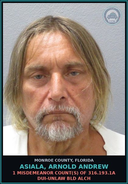 CCW arrest card for ASIALA, ARNOLD ANDREW in Monroe County: 1 Misdemeanor Count(s) of 316.193.1a DUI-UNLAW BLD ALCH