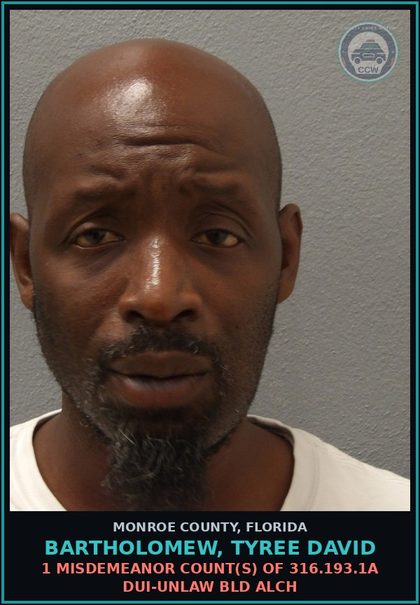 CCW arrest card for BARTHOLOMEW, TYREE DAVID in Monroe County: 1 Misdemeanor Count(s) of 316.193.1a DUI-UNLAW BLD ALCH
