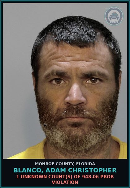 CCW arrest card for BLANCO, ADAM CHRISTOPHER in Monroe County: 1 Unknown Count(s) of 948.06 PROB VIOLATION