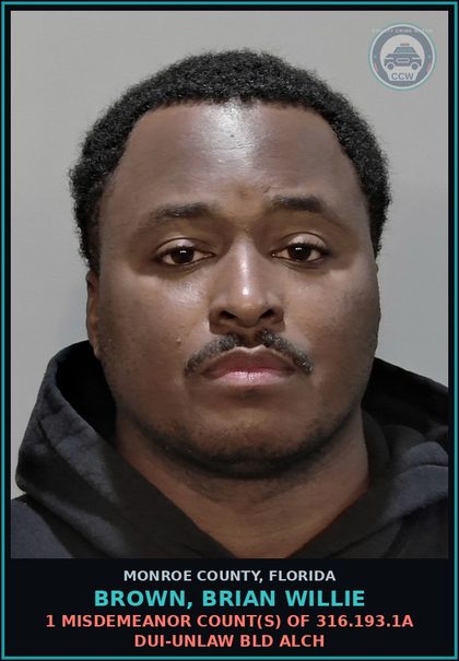 CCW arrest card for BROWN, BRIAN WILLIE in Monroe County: 1 Misdemeanor Count(s) of 316.193.1a DUI-UNLAW BLD ALCH