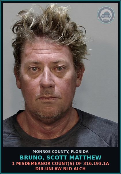 CCW arrest card for BRUNO, SCOTT MATTHEW in Monroe County: 1 Misdemeanor Count(s) of 316.193.1a DUI-UNLAW BLD ALCH