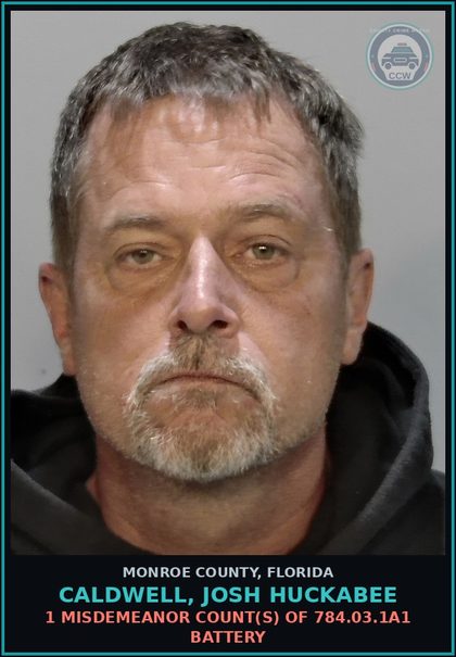 CCW arrest card for CALDWELL, JOSH HUCKABEE in Monroe County: 1 Misdemeanor Count(s) of 784.03.1a1 BATTERY