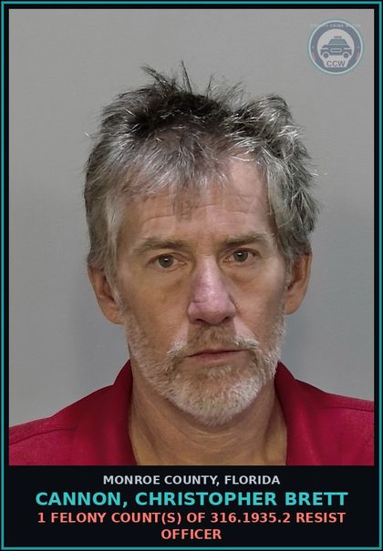CCW arrest card for CANNON, CHRISTOPHER BRETT in Monroe County: 1 Felony Count(s) of 316.1935.2 RESIST OFFICER