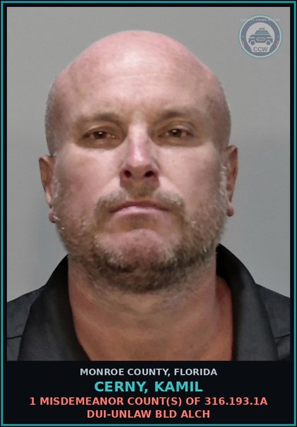 CCW arrest card for CERNY, KAMIL in Monroe County: 1 Misdemeanor Count(s) of 316.193.1a DUI-UNLAW BLD ALCH