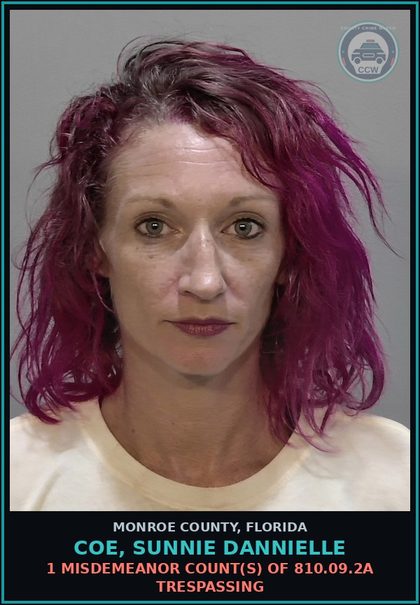 CCW arrest card for COE, SUNNIE DANNIELLE in Monroe County: 1 Misdemeanor Count(s) of 810.09.2a TRESPASSING