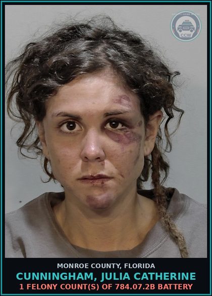 CCW arrest card for CUNNINGHAM, JULIA CATHERINE in Monroe County: 1 Felony Count(s) of 784.07.2b BATTERY
