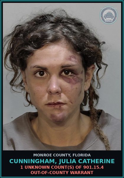 CCW arrest card for CUNNINGHAM, JULIA CATHERINE in Monroe County: 1 Unknown Count(s) of 901.15.4 OUT-OF-COUNTY WARRANT