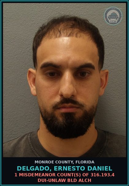 CCW arrest card for DELGADO, ERNESTO DANIEL in Monroe County: 1 Misdemeanor Count(s) of 316.193.4 DUI-UNLAW BLD ALCH