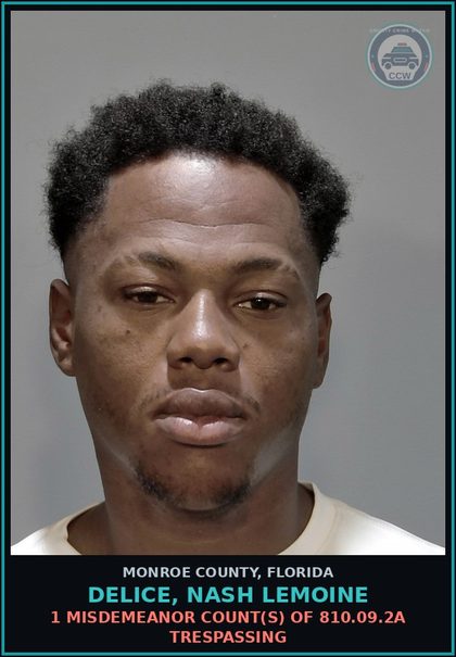 CCW arrest card for DELICE, NASH LEMOINE in Monroe County: 1 Misdemeanor Count(s) of 810.09.2a TRESPASSING