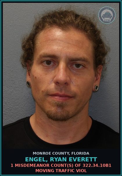 CCW arrest card for ENGEL, RYAN EVERETT in Monroe County: 1 Misdemeanor Count(s) of 322.34.10b1 MOVING TRAFFIC VIOL