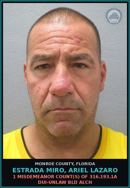 CCW arrest card for ESTRADA MIRO, ARIEL LAZARO in Monroe County: 1 Misdemeanor Count(s) of 316.193.1a DUI-UNLAW BLD ALCH