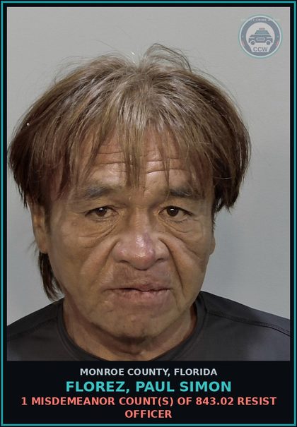 CCW arrest card for FLOREZ, PAUL SIMON in Monroe County: 1 Misdemeanor Count(s) of 843.02 RESIST OFFICER