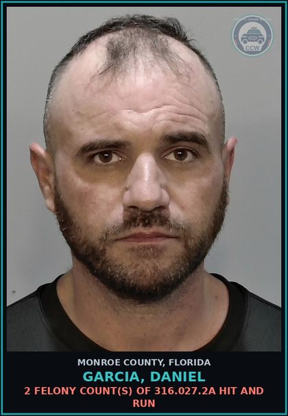 CCW arrest card for GARCIA, DANIEL in Monroe County: 2 Felony Count(s) of 316.027.2a HIT AND RUN