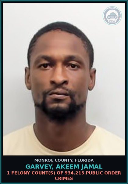 CCW arrest card for GARVEY, AKEEM JAMAL in Monroe County: 1 Felony Count(s) of 934.215 PUBLIC ORDER CRIMES