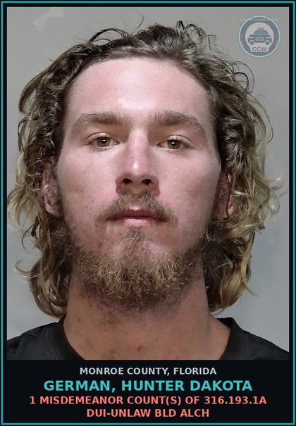 CCW arrest card for GERMAN, HUNTER DAKOTA in Monroe County: 1 Misdemeanor Count(s) of 316.193.1a DUI-UNLAW BLD ALCH
