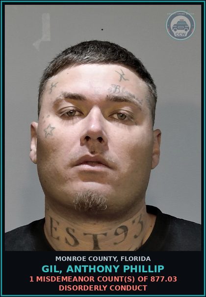 CCW arrest card for GIL, ANTHONY PHILLIP in Monroe County: 1 Misdemeanor Count(s) of 877.03 DISORDERLY CONDUCT