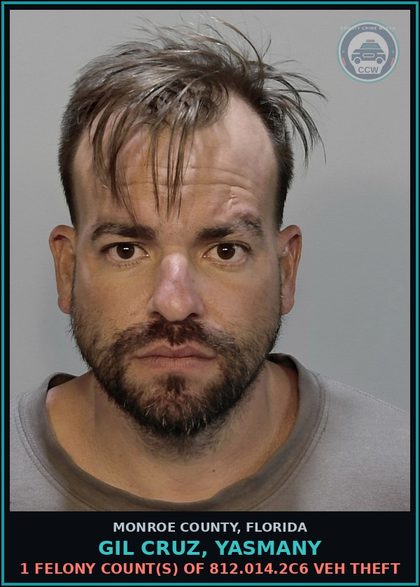 CCW arrest card for GIL CRUZ, YASMANY in Monroe County: 1 Felony Count(s) of 812.014.2c6 VEH THEFT