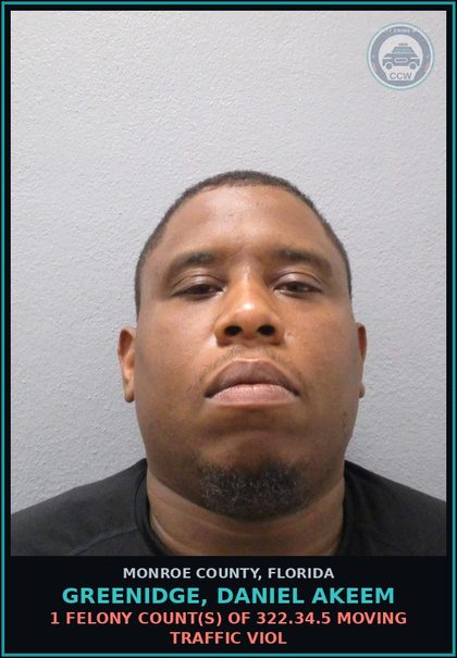 CCW arrest card for GREENIDGE, DANIEL AKEEM in Monroe County: 1 Felony Count(s) of 322.34.5 MOVING TRAFFIC VIOL