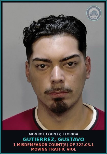 CCW arrest card for GUTIERREZ, GUSTAVO in Monroe County: 1 Misdemeanor Count(s) of 322.03.1 MOVING TRAFFIC VIOL