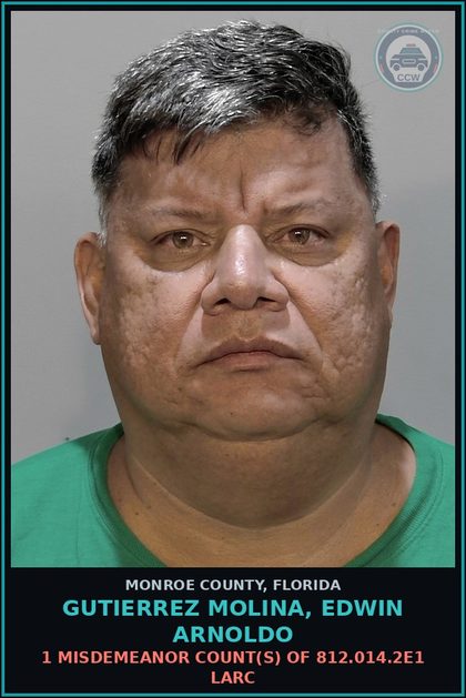 CCW arrest card for GUTIERREZ MOLINA, EDWIN ARNOLDO in Monroe County: 1 Misdemeanor Count(s) of 812.014.2e1 LARC