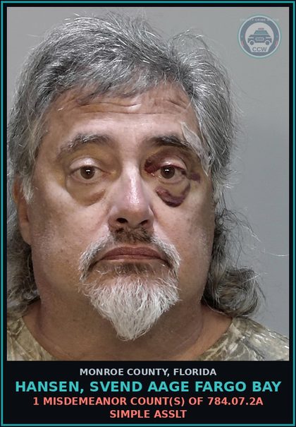 CCW arrest card for HANSEN, SVEND AAGE FARGO BAY in Monroe County: 1 Misdemeanor Count(s) of 784.07.2a SIMPLE ASSLT