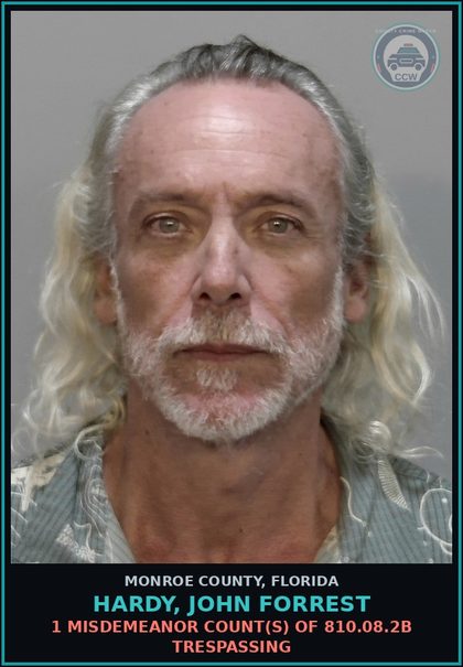 CCW arrest card for HARDY, JOHN FORREST in Monroe County: 1 Misdemeanor Count(s) of 810.08.2b TRESPASSING