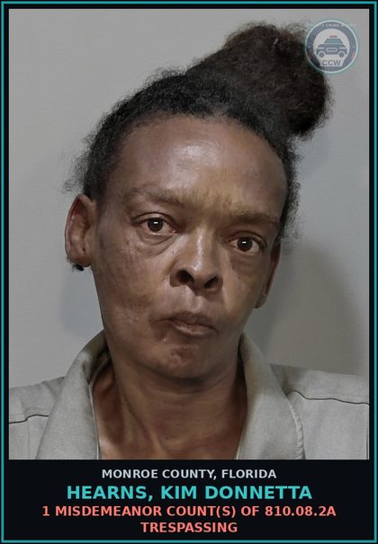 CCW arrest card for HEARNS, KIM DONNETTA in Monroe County: 1 Misdemeanor Count(s) of 810.08.2a TRESPASSING