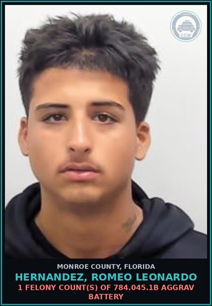 CCW arrest card for HERNANDEZ, ROMEO LEONARDO in Monroe County: 1 Felony Count(s) of 784.045.1b AGGRAV BATTERY