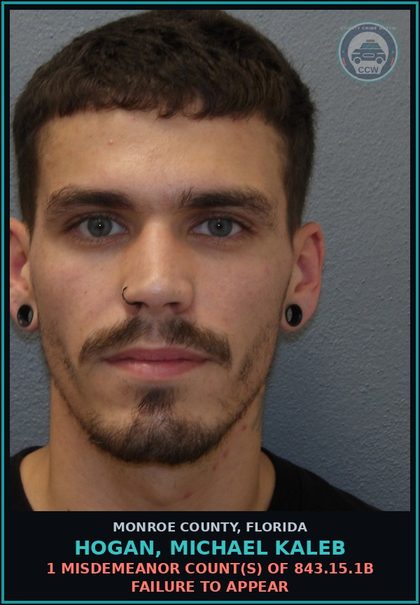 CCW arrest card for HOGAN, MICHAEL KALEB in Monroe County: 1 Misdemeanor Count(s) of 843.15.1b FAILURE TO APPEAR