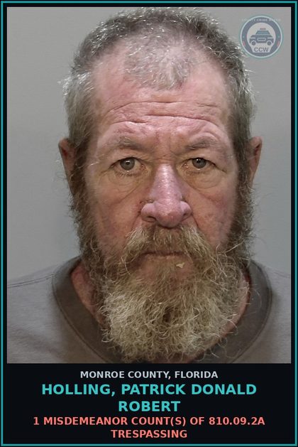 CCW arrest card for HOLLING, PATRICK DONALD ROBERT in Monroe County: 1 Misdemeanor Count(s) of 810.09.2a TRESPASSING