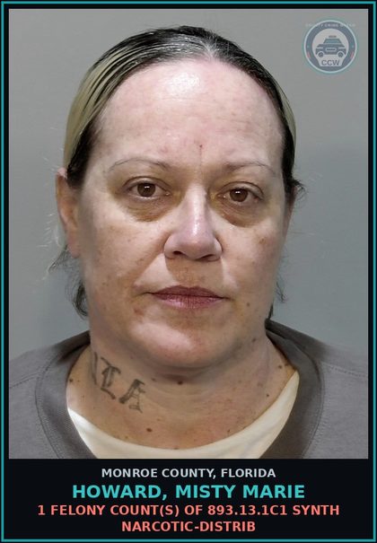 CCW arrest card for HOWARD, MISTY MARIE in Monroe County: 1 Felony Count(s) of 893.13.1c1 SYNTH NARCOTIC-DISTRIB