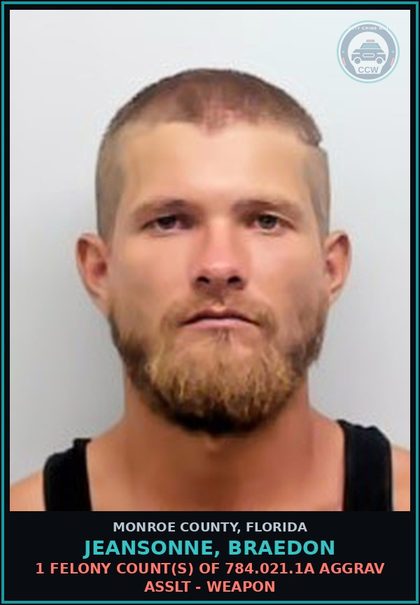 CCW arrest card for JEANSONNE, BRAEDON in Monroe County: 1 Felony Count(s) of 784.021.1a AGGRAV ASSLT - WEAPON