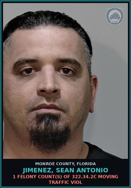 CCW arrest card for JIMENEZ, SEAN ANTONIO in Monroe County: 1 Felony Count(s) of 322.34.2c MOVING TRAFFIC VIOL