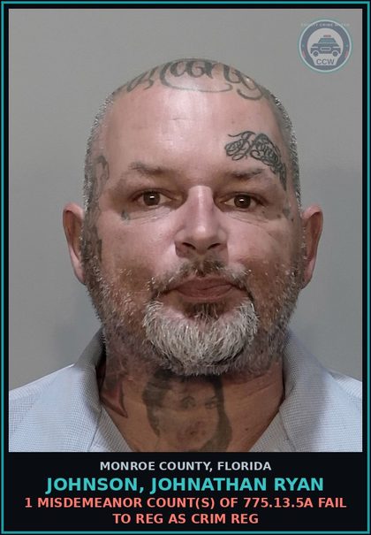 CCW arrest card for JOHNSON, JOHNATHAN RYAN in Monroe County: 1 Misdemeanor Count(s) of 775.13.5a FAIL TO REG AS CRIM REG