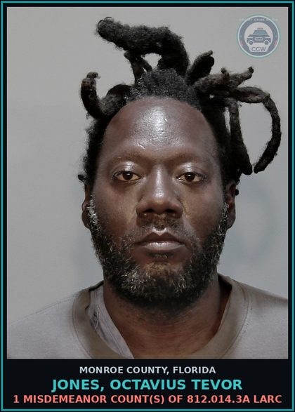CCW arrest card for JONES, OCTAVIUS TEVOR in Monroe County: 1 Misdemeanor Count(s) of 812.014.3a LARC