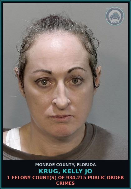 CCW arrest card for KRUG, KELLY JO in Monroe County: 1 Felony Count(s) of 934.215 PUBLIC ORDER CRIMES
