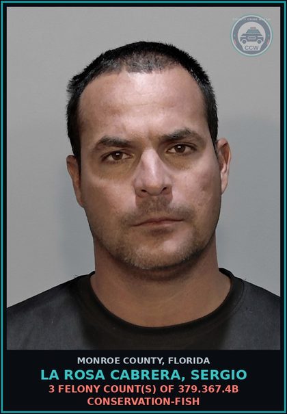 CCW arrest card for LA ROSA CABRERA, SERGIO in Monroe County: 3 Felony Count(s) of 379.367.4b CONSERVATION-FISH