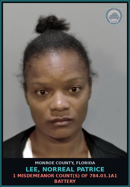 CCW arrest card for LEE, NORREAL PATRICE in Monroe County: 1 Misdemeanor Count(s) of 784.03.1a1 BATTERY