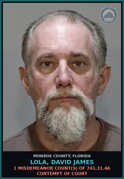 CCW arrest card for LOLA, DAVID JAMES in Monroe County: 1 Misdemeanor Count(s) of 741.31.4a CONTEMPT OF COURT