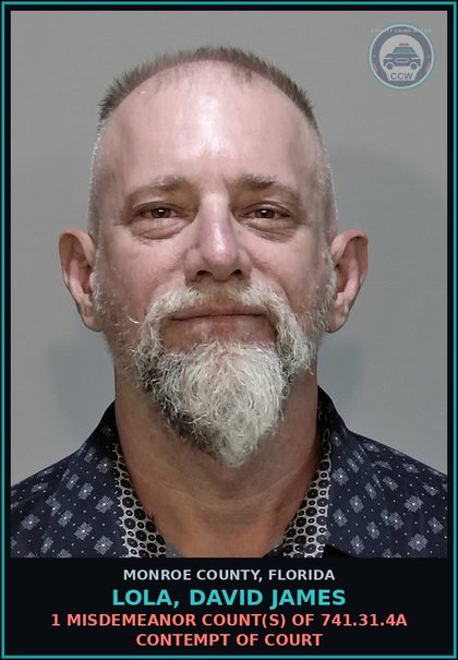 CCW arrest card for LOLA, DAVID JAMES in Monroe County: 1 Misdemeanor Count(s) of 741.31.4a CONTEMPT OF COURT