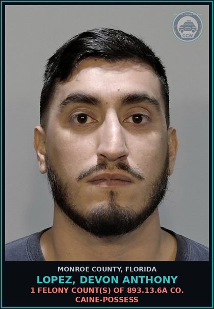 CCW arrest card for LOPEZ, DEVON ANTHONY in Monroe County: 1 Misdemeanor Count(s) of 893.147.1 DRUG EQUIP-POSSESS