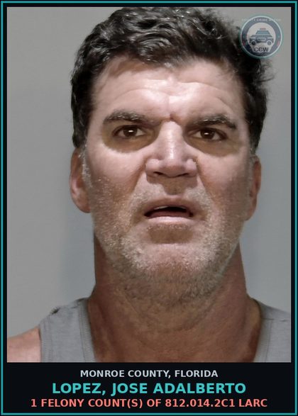 CCW arrest card for LOPEZ, JOSE ADALBERTO in Monroe County: 1 Felony Count(s) of 812.014.2c1 LARC
